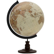 World globe on a stand with a black arm and wooden base against a white background