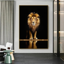 Golden Lion by the water Canvas Wall Art - Black and Gold home decor