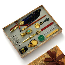 Fountain and Feather Quill Pen and Sealing Wax Stamp Gift Set with letter opener, melting spoon and Pen holder