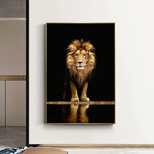 Golden Lion by the water Canvas Wall Art - Black and Gold home decor