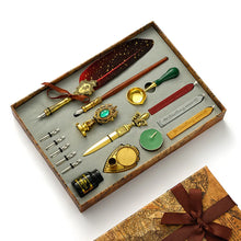 Fountain and Feather Quill Pen and Sealing Wax Stamp Gift Set with letter opener, melting spoon and Pen holder