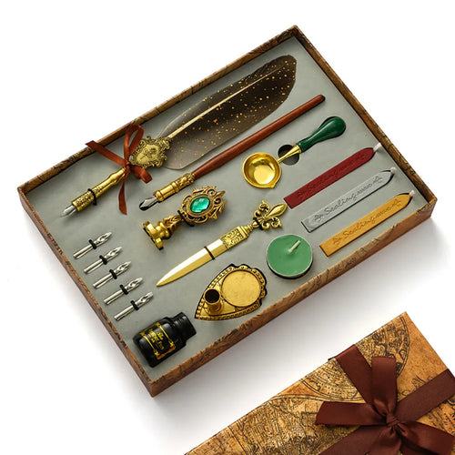 Fountain and Feather Quill Pen and Sealing Wax Stamp Gift Set with letter opener, melting spoon and Pen holder