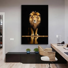 Golden Lion by the water Canvas Wall Art - Black and Gold home decor