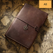 Brown leather notebook with a compass charm on a vintage map background
