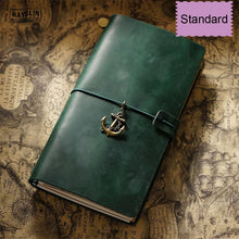 Green leather notebook with an anchor charm on a vintage map background