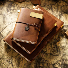 Stack of brown leather journals on an old map background