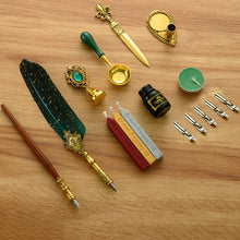 Fountain and Feather Quill Pen and Sealing Wax Stamp Gift Set with letter opener, melting spoon and Pen holder