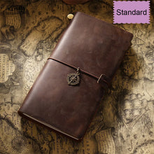 Brown leather journal with a compass charm on an old map background