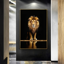 Golden Lion by the water Canvas Wall Art - Black and Gold home decor