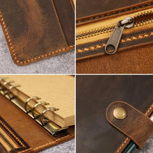 A four-panel close-up collage of a brown leather notebook or planner cover with a ring binder, zipper, and metal snap detail.