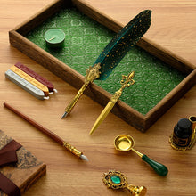 Fountain and Feather Quill Pen and Sealing Wax Stamp Gift Set with letter opener, melting spoon and Pen holder