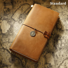 Brown leather notebook with a decorative clasp on an old map background