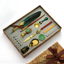 Fountain and Feather Quill Pen and Sealing Wax Stamp Gift Set with letter opener, melting spoon and Pen holder