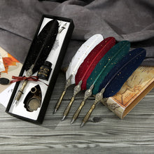 Glittering Feather Quill Pen Set with pen holder, ink bottle and two nibs