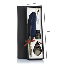 Feather pen set with ink bottle in a black box, measurements indicated.
