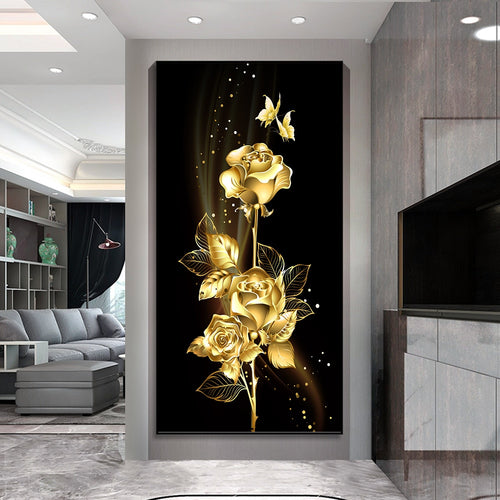 Black and Gold Rose with Leaves Wall Picture - unique gifts for black and gold colour lovers