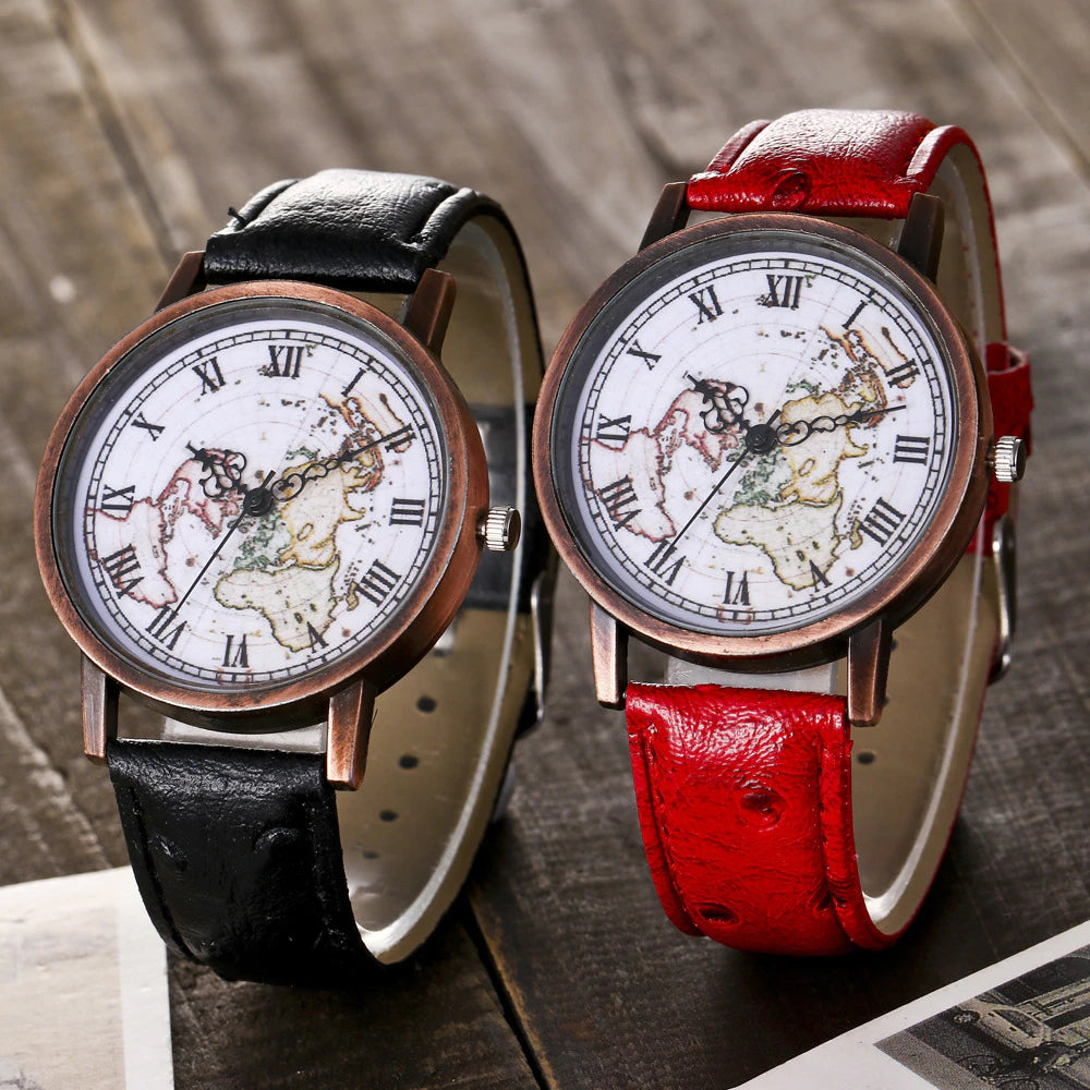 Vintage Leather Strap World Map Watch Gifts for Travelers Black