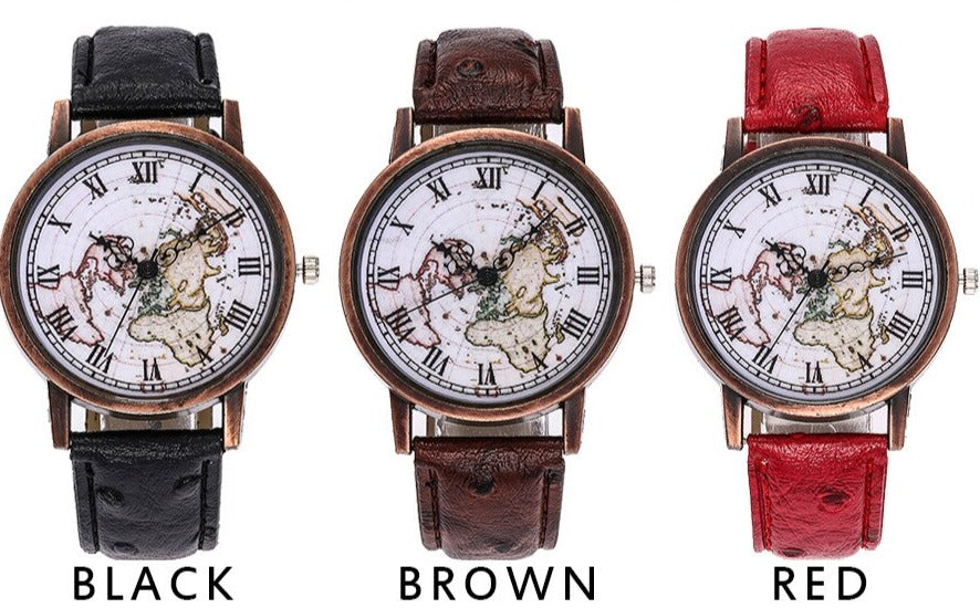 Vintage Leather Strap World Map Watch Gifts for Travelers Black