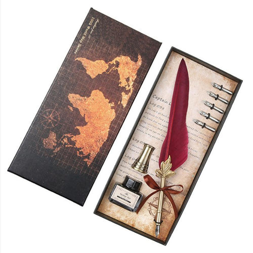Vintage Map Feather Pen Set - Calligraphy Gift Set - Fountain Pen Set