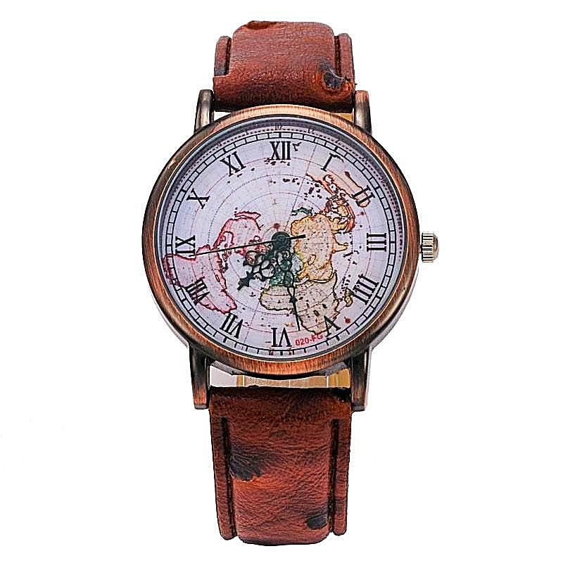 Vintage World Map Watch with Leather Strap