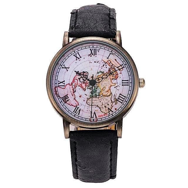Vintage Leather Strap World Map Watch