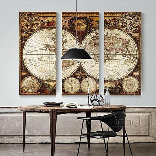 3 Panel Vintage World Map Wall Art Home Decor Gifts for Travelers