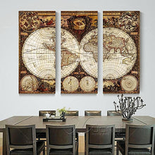 3 Panel Vintage World Map Wall Art Home Decor Gifts for Travelers