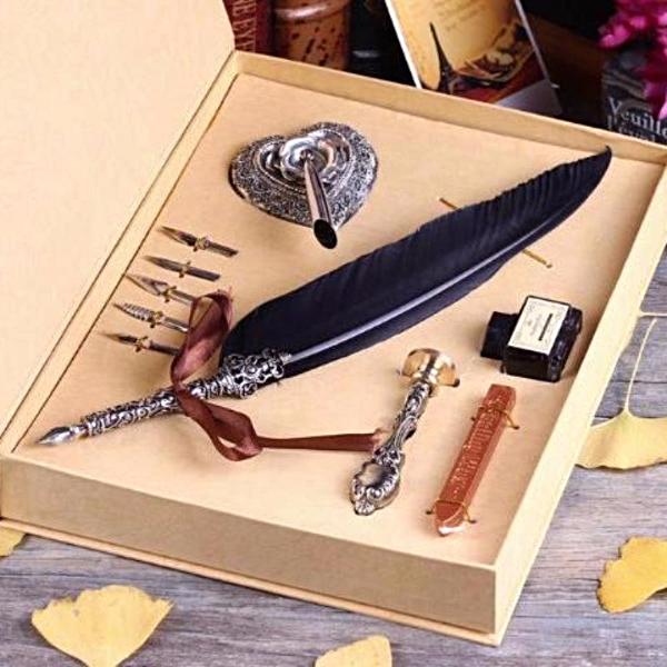 Vintage Swan Feather Quill Pen and Wax Seal Set - Calligraphy