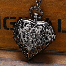Vintage Black Heart Quartz Pocket Watch Necklace