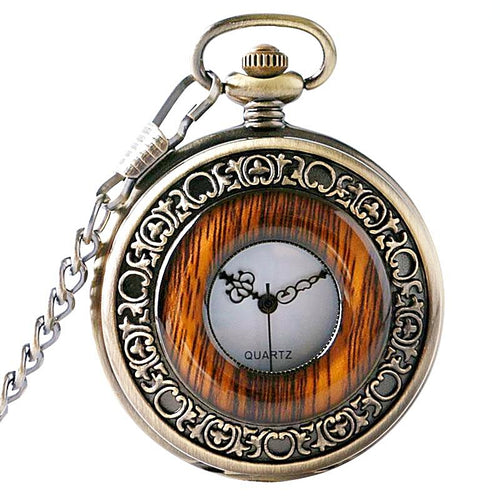 Vintage Wood Imitation Pocket Watch Necklace