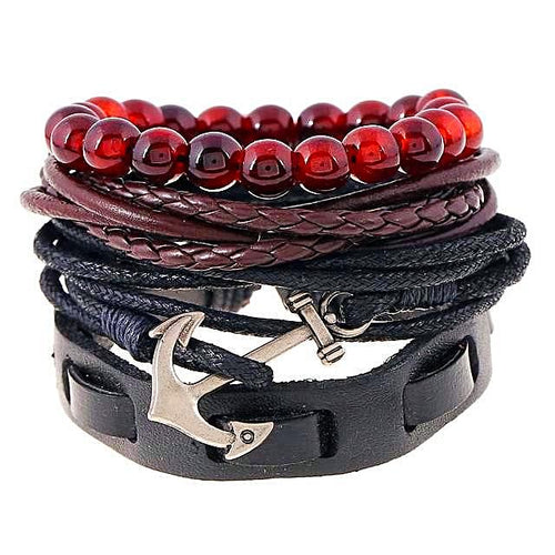 Leather Multi-layer Bead Anchor Bracelet Gifts for Men Nautical Jewelry