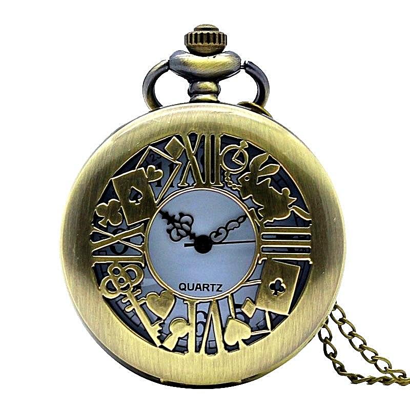 Creativearrowy Retro Alice in Wonderland Theme Steampunk Pocket Watch Bronze Quartz Pocket Watches Vintage Fob Watches Christmas Brithday Gift