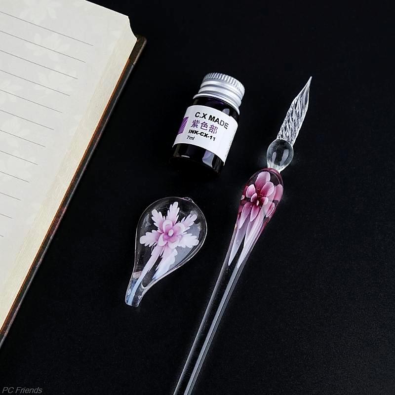 Handmade Floral Glass Dip Pen Gift Set